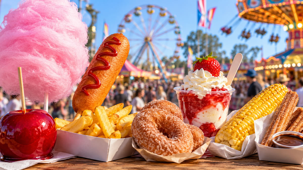 Classic Show Day foods including a Dagwood Dog, fairy floss, hot chips, donuts, strawberry sundae, corn and toffee apple at a busy showground.